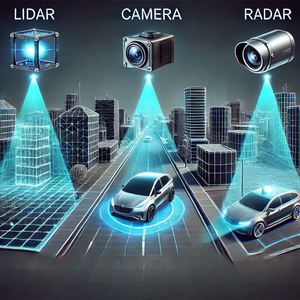 자율주행 자동차 센서(라이다, 카메라, 레이더)의 차이를 비교하는 그림