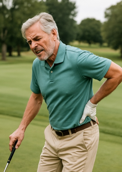 허리 움켜쥔 중년 골퍼 장면