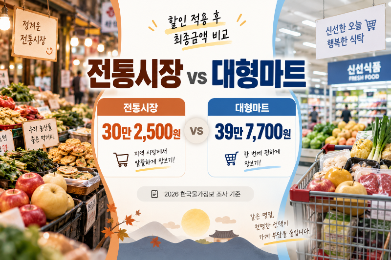 2026 추석차례상 전통시장과 대형마트 장보기 비용을 비교한 이미지