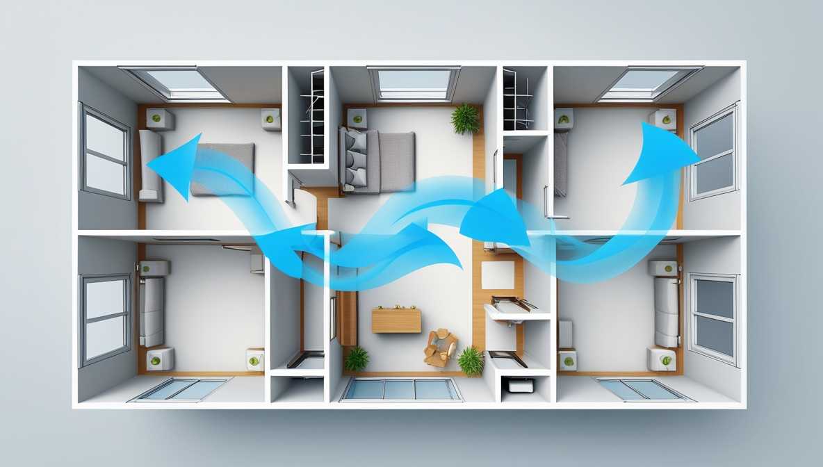 아파트 평면도 위로, 맞은편 창문들이 열려 있고 그 사이로 바람이 시원하게 통과하는 모습을 보여주는 인포그래픽