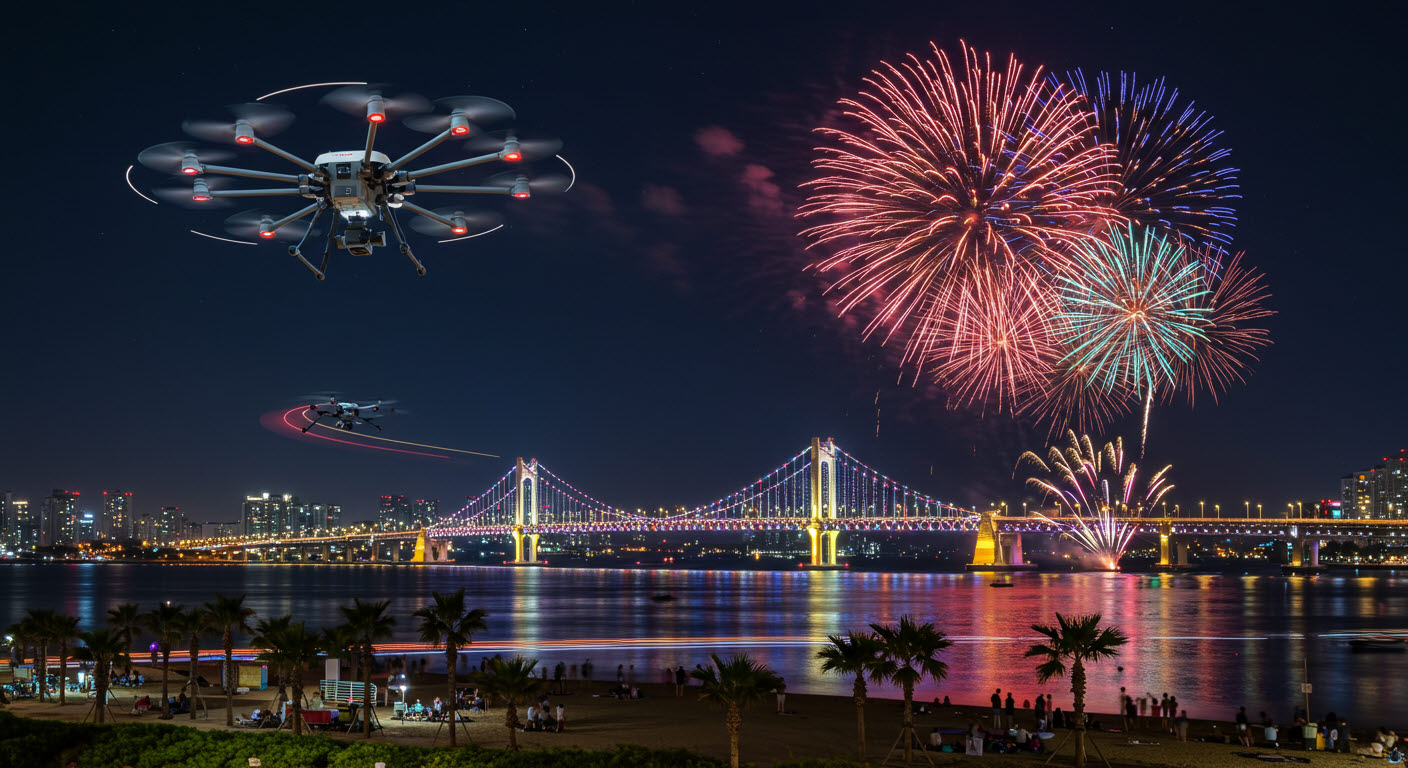 광안리 백사장에 광안대교가 보이고 불꽃쇼를 하고 있으면 드론이 날아다니고 있슴