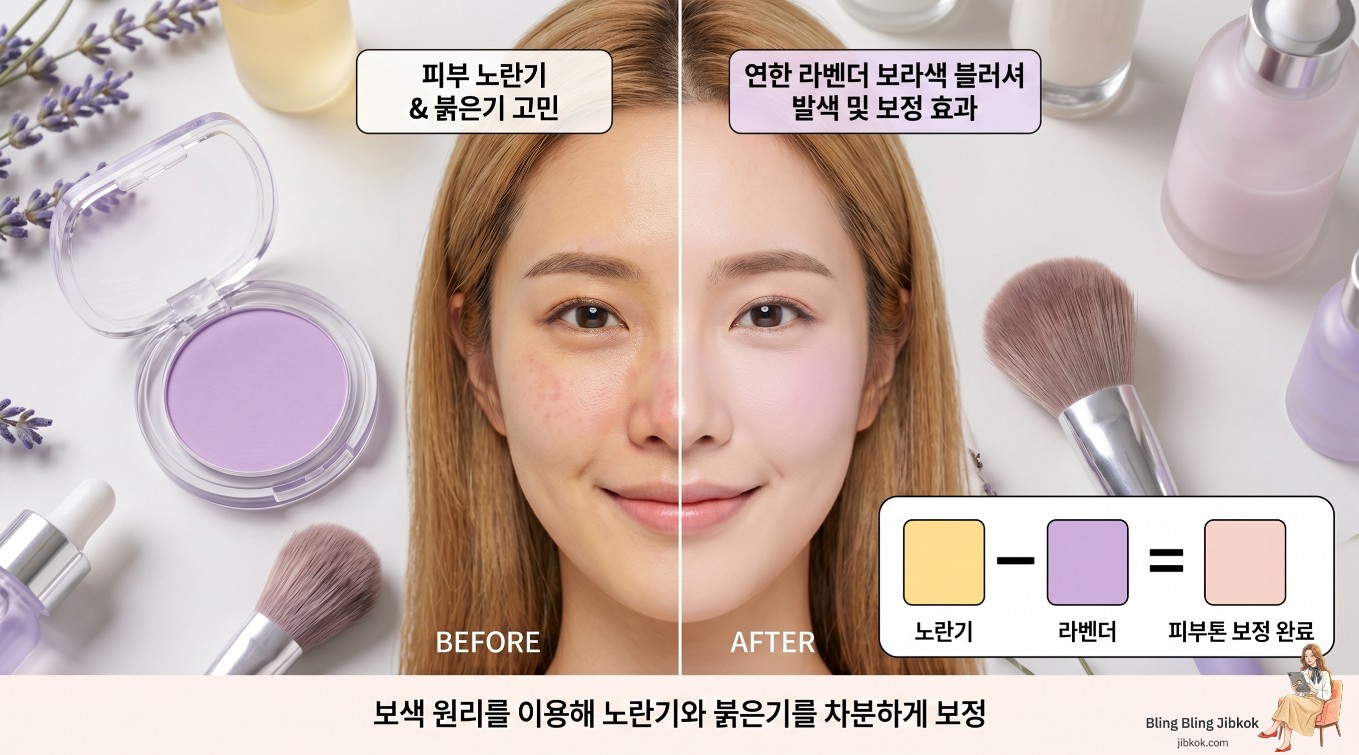 피부의 노란기와 과도한 붉은기를 보색 원리로 차분하게 눌러주는 연한 라벤더 보라색 블러셔의 발색 및 피부 톤 보정 효과