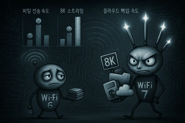 Wi-Fi 6과 Wi-Fi 7 캐릭터가 전송 속도와 스트리밍 성능을 비교하며 대비되는 감정과 기능을 표현한 팀 버튼 스타일 일러스트