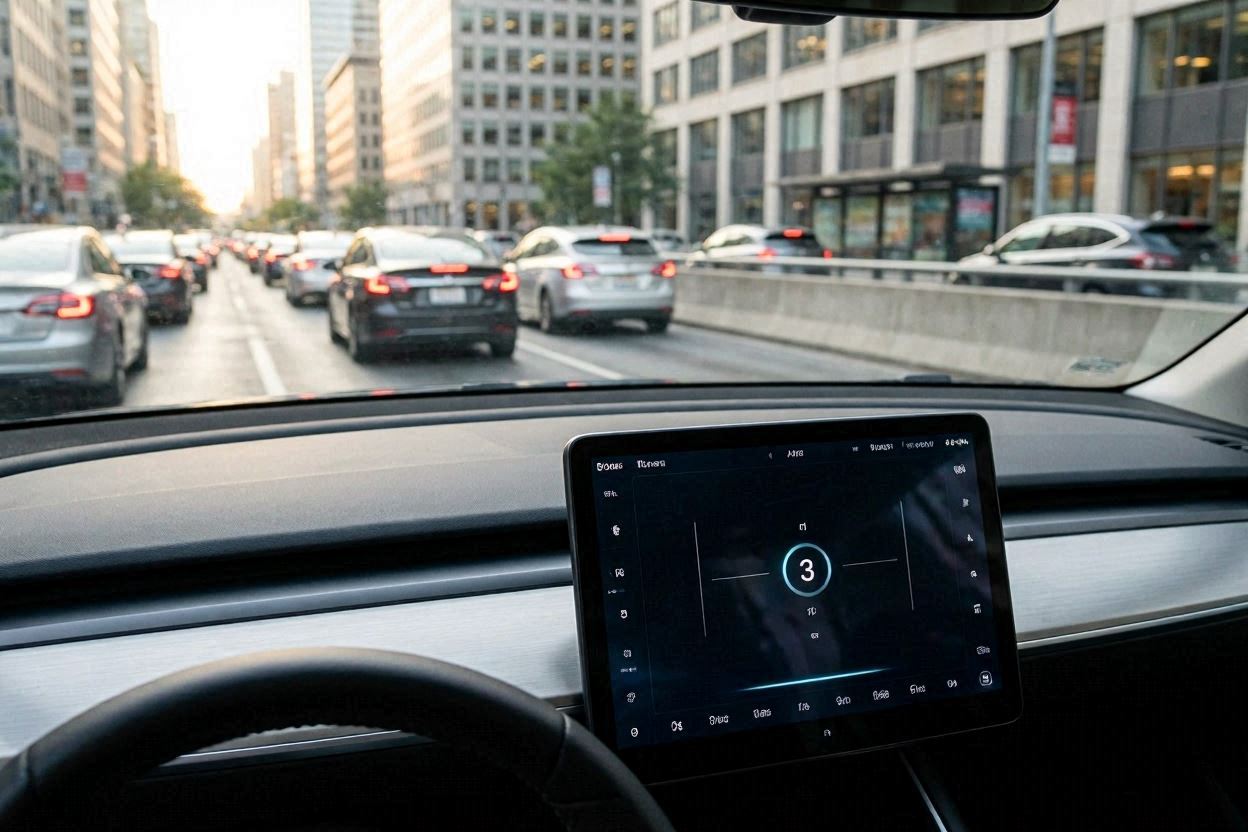 A futuristic driver's point-of-view inside a Tesla Model Y stuck in heavy urban traffic. The minimalist center display sharply focuses on the follow distance icon set to '3'.