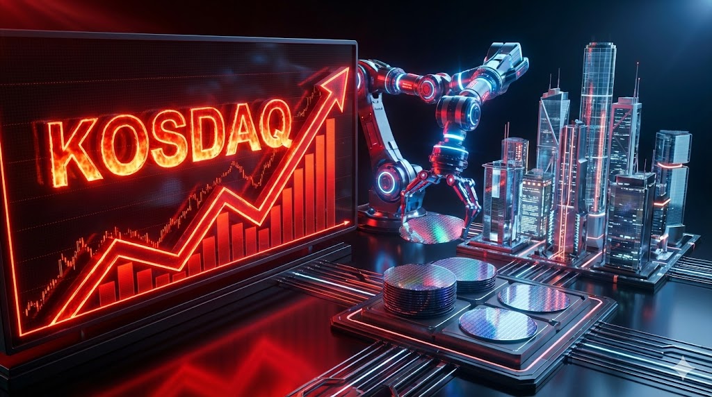 붉게 타오르는 코스닥 지수 전광판 앞에 반도체 웨이퍼와 로봇 팔이 배치된 역동적인 투자 테마 이미지