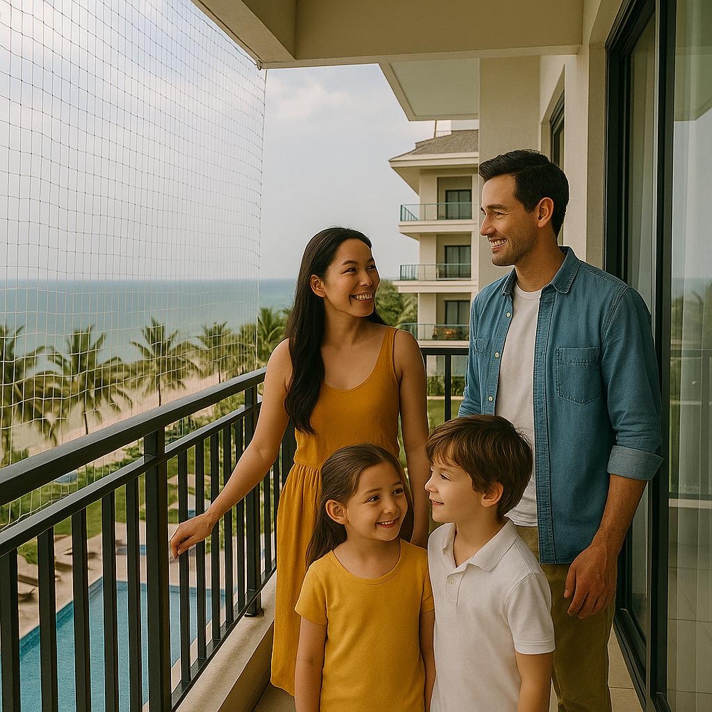 오션뷰 발코니에서 바다와 수영장을 내려다보는 가족, 발코니 안전망과 난간