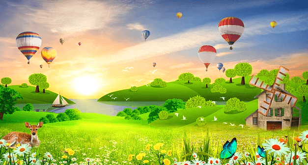 푸른 초원에 작은 풍차가 있고 하늘엔 수많은 풍선기구들이 둥둥 떠 있다. 초원에는 예쁜 들꽃들과 사슴이 있다.