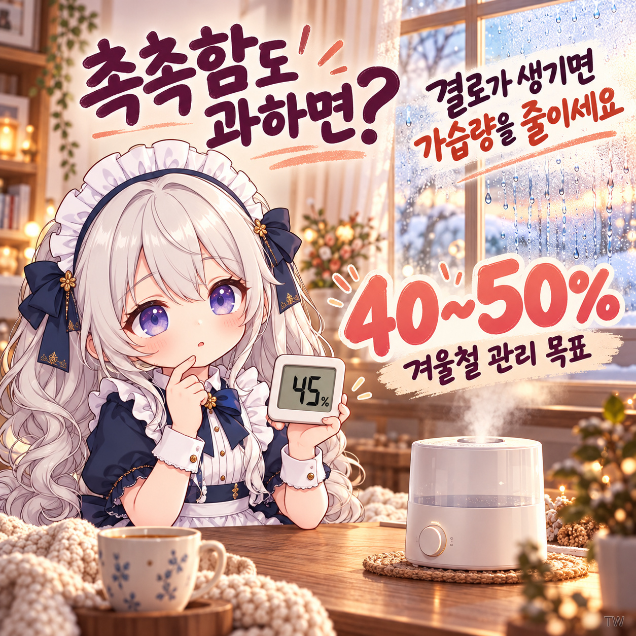 은백색 트윈테일의 건강 안내 캐릭터가 습도계를 들고 겨울철 관리 목표 40~50%와 결로 시 가습량 조절을 설명하는 인포그래픽