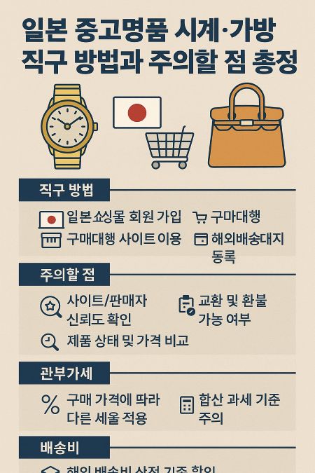 일본 중고명품 시계·가방 직구 방법과 주의할 점, 직구 절차와 체크포인트, 관부가세·배송비 안내, 구매대행·배송대행 활용 가이드 인포그래픽.