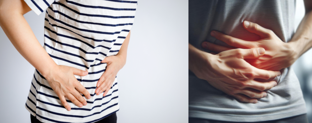 봄철 소화 불량으로 복부를 감싸며 고통스러워 하는 사람들의 모습, 식후 더부룩함 증상 표현