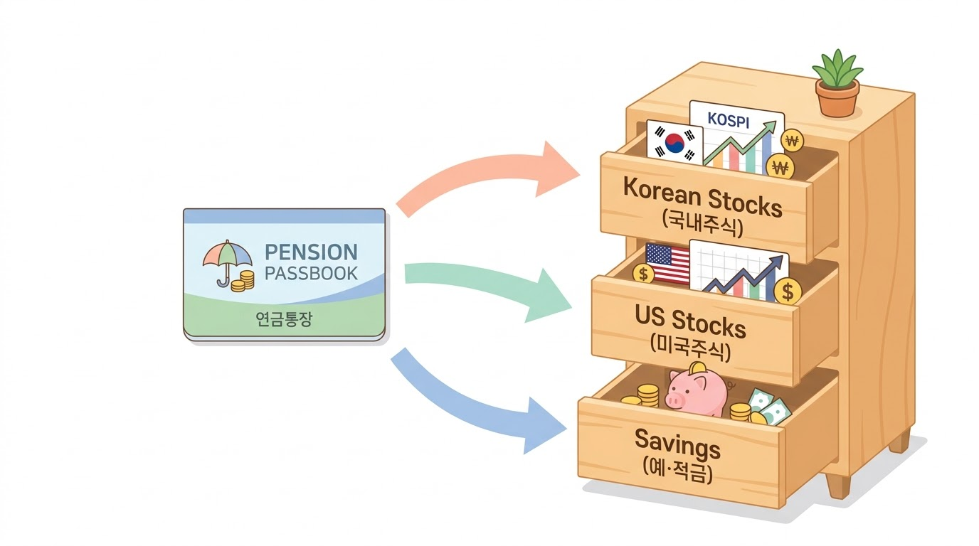 연금 통장 그림에서 세 갈래 화살표가 코스피, 미국 지수, 쉬는 돈이라고 적힌 서랍으로 이어지는 그림