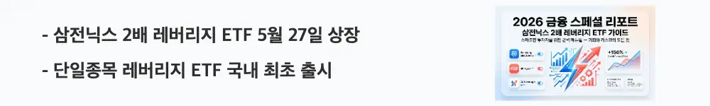 '삼전닉스 2배 레버리지 ETF 5월 27일 상장'이라는 문구가 포함된 웹배너 이미지. 이 이미지는 삼성전자·SK하이닉스 단일종목 레버리지 ETF의 국내 최초 상장 일정을 시각적으로 전달하며, 블로그의 삼전닉스 레버리지 ETF 출시 배경과 상품 구조와 관련된 내용을 설명함