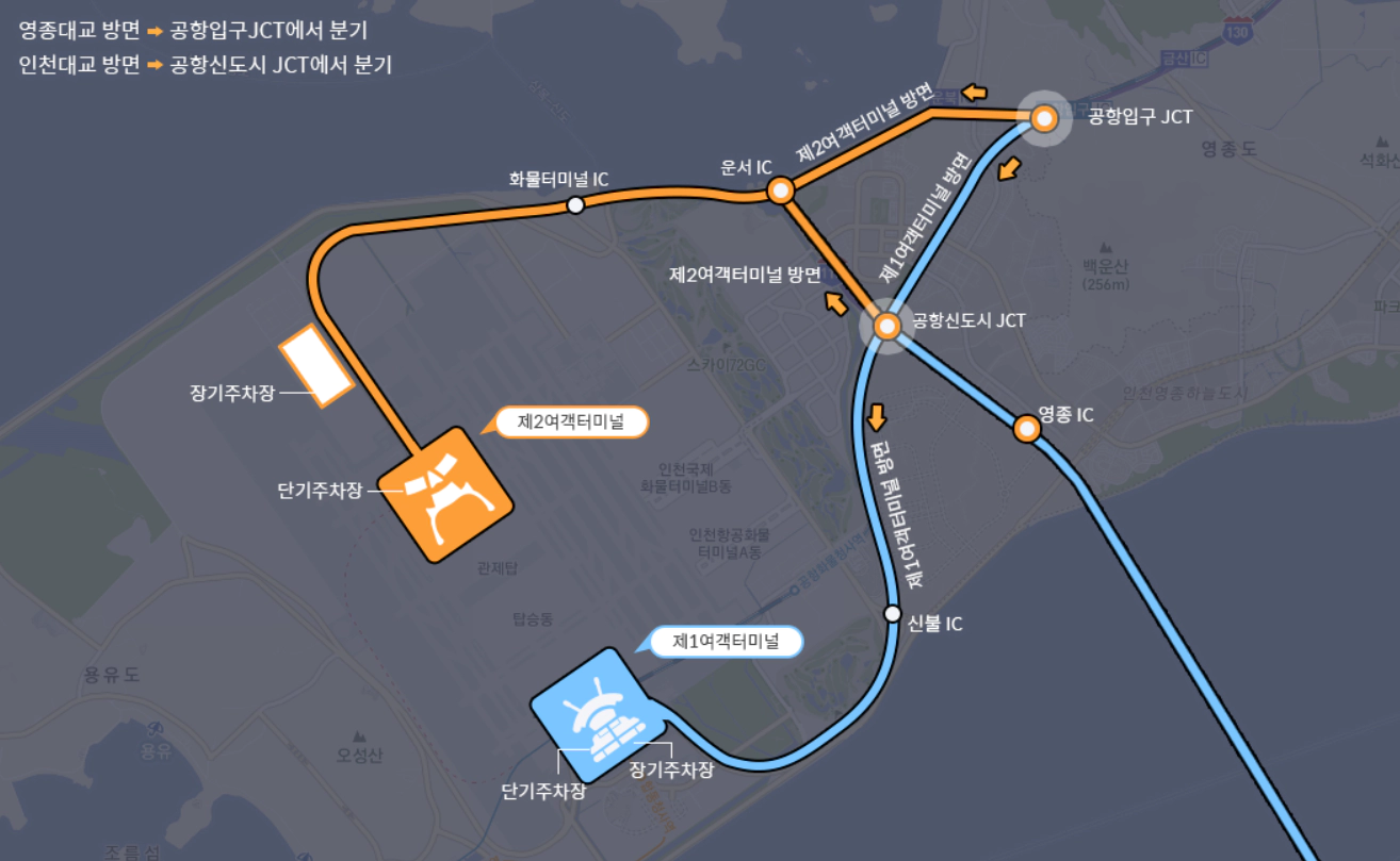 어두운 배경에 제1여객터미널과 제2여객터미널주변 단기&#44; 장기 주차장의 위치가 하늘색과 주황색으로 그려져 있다.
