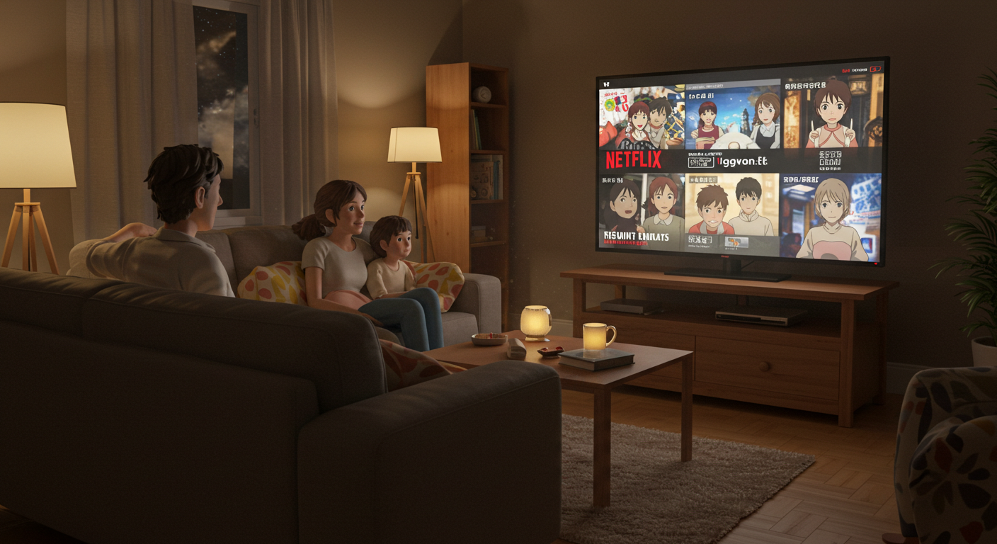 가족과 함께 넷플릭스를 시청하며 만족스러워하는 모습