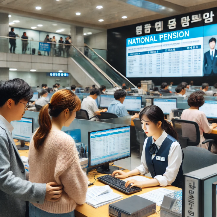 정부기관에서 국민연금 신청을 처리하는 직원들