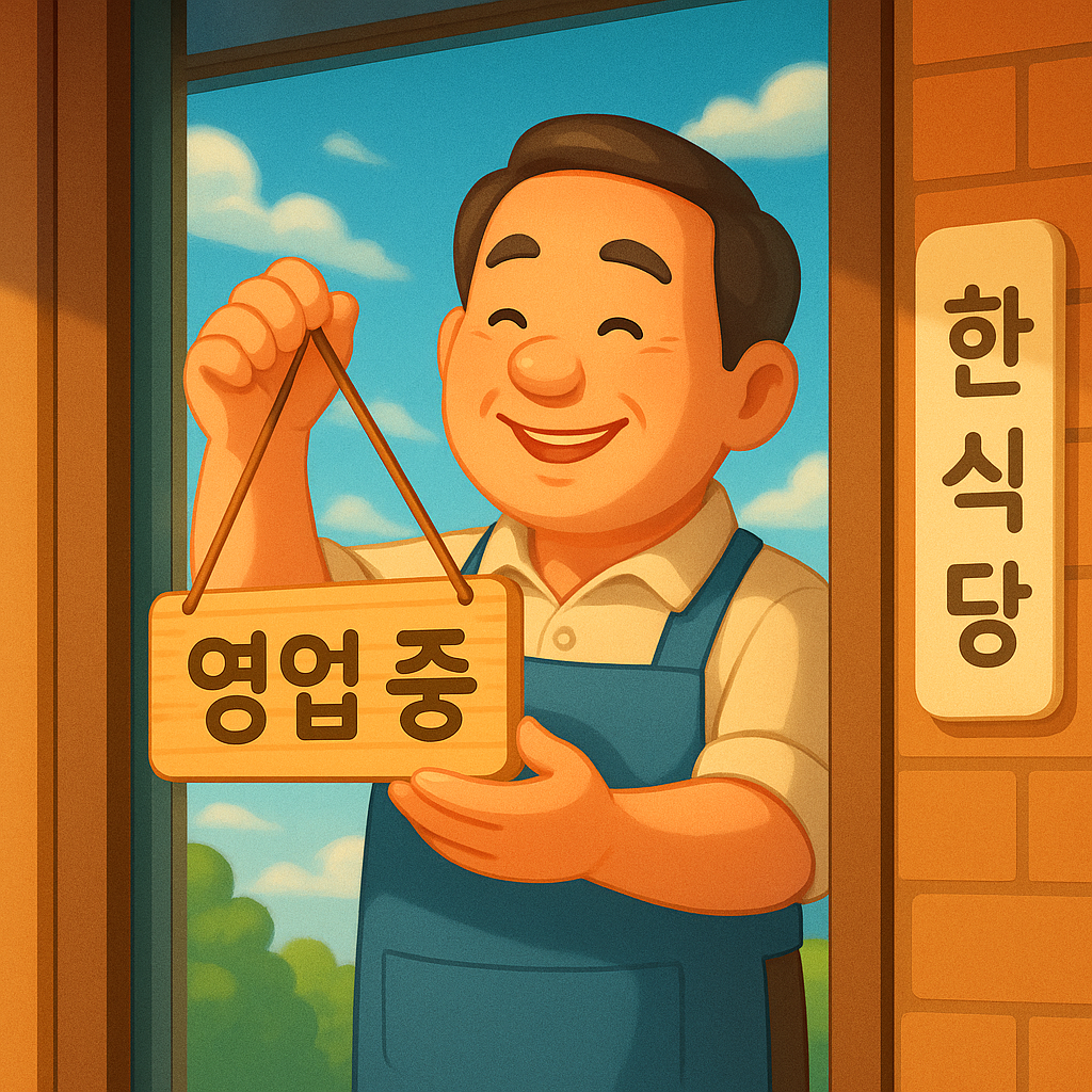 식당 사장님이 화창한 날씨에 '영업 중' 팻말을 걸며 환하게 웃고 있는 모습. 가게는 깨끗하게 정돈되어 있다.