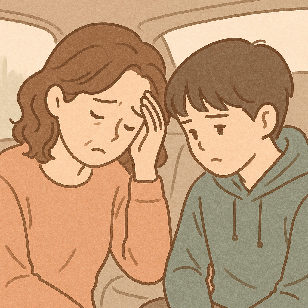 차 안에서 고개를 숙이고 괴로워하는 엄마와 옆에서 조용히 함께 앉아 있는 사춘기 아들, 따뜻한 파스텔 톤의 감성 일러스트
