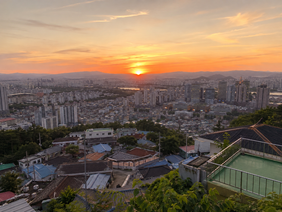 대전 대동하늘공원 언덕 위 마을과 일몰 노을 전망 풍경