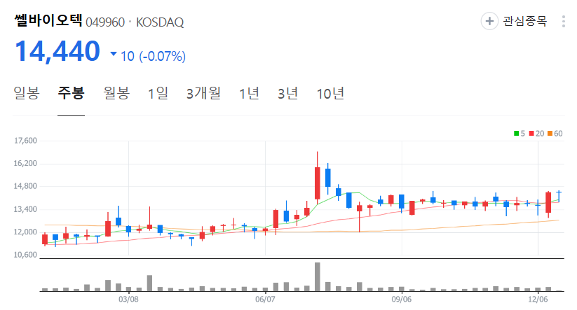 쎌바이오텍-주가-주봉