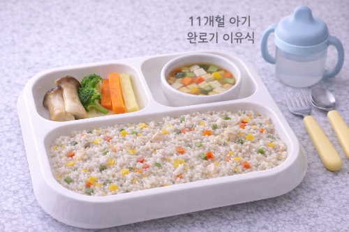 11개월 아기 완료기 이유식 닭고기 파프리카 버섯 진밥 식판식 상차림