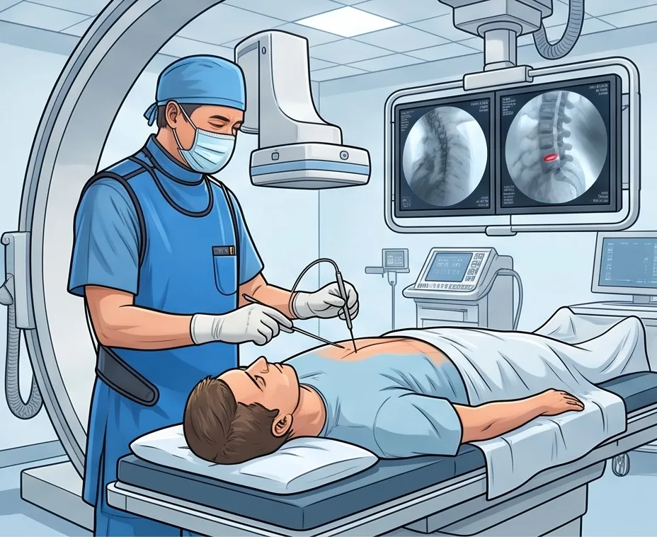 수술실에서 의료진이 X-ray 정밀 화면을 보며 환자의 허리 시술을 진행하는 모습