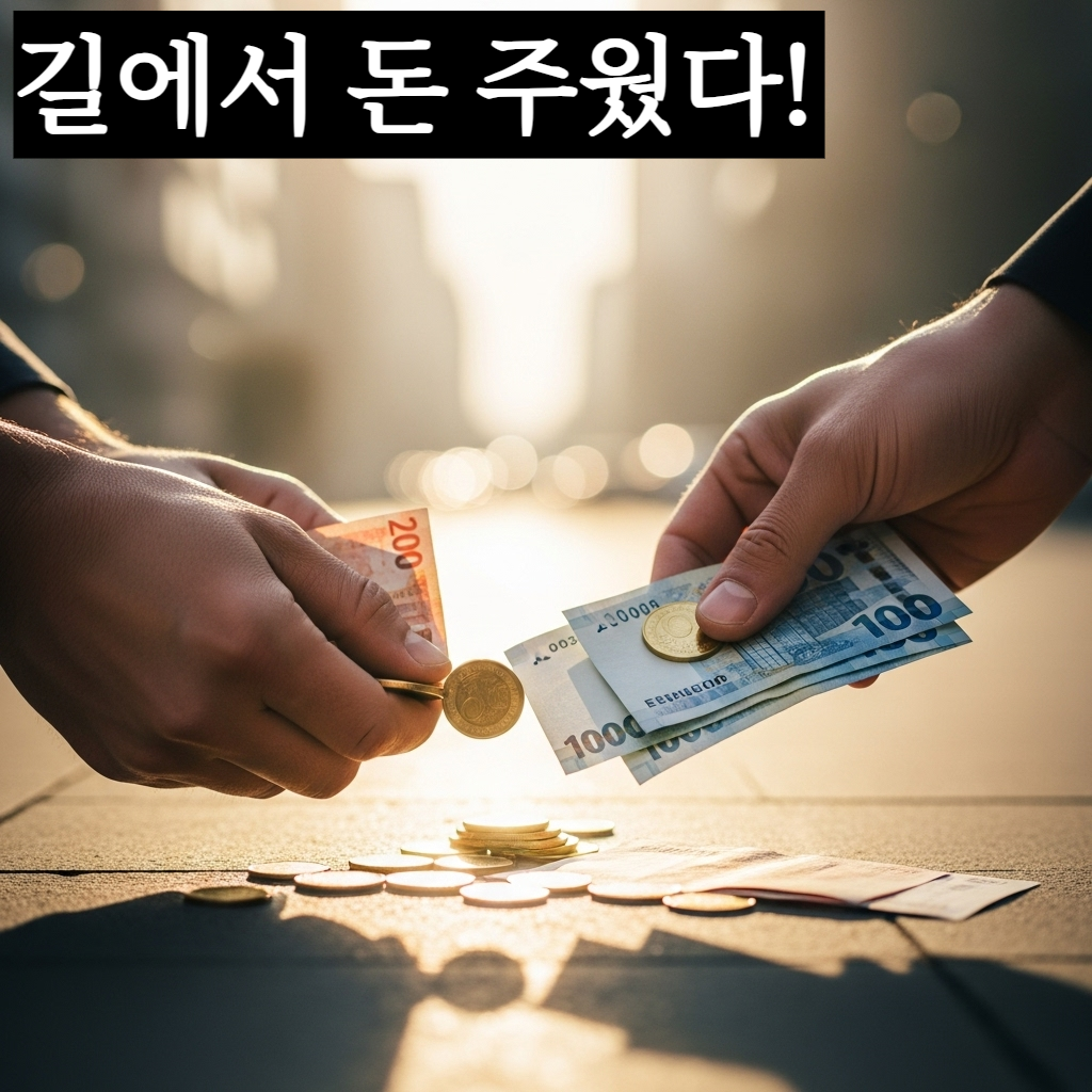 따스한 아침 햇살이 비치는 길바닥에 떨어진 반짝이는 황금 동전과 빳빳한 지폐 뭉치를 소중하게 줍고 있는 손의 클로즈업 모습