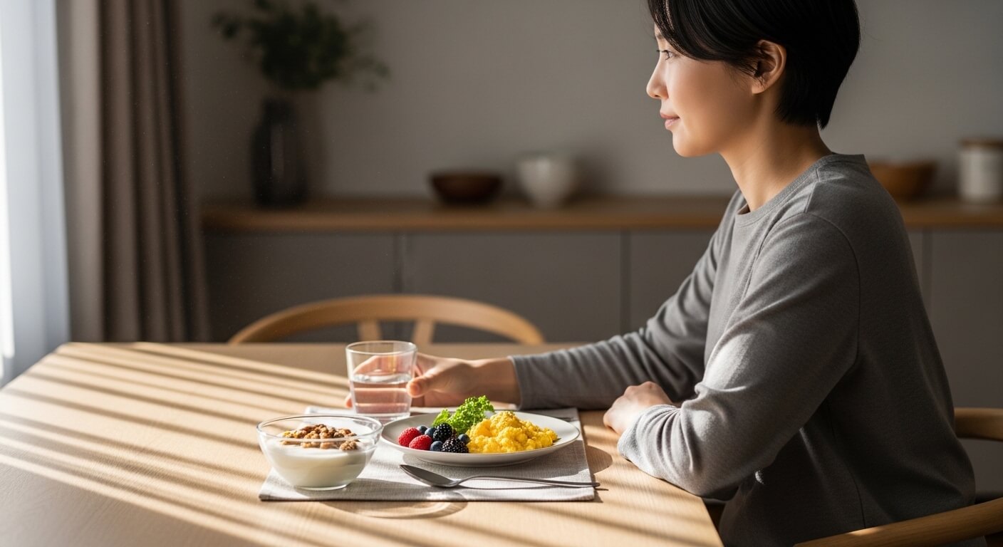 아침 공복 상태에서 물과 간단한 건강식을 준비하며 하루를 시작하는 모습으로, 혈당과 생활습관 관리를 표현한 이미지