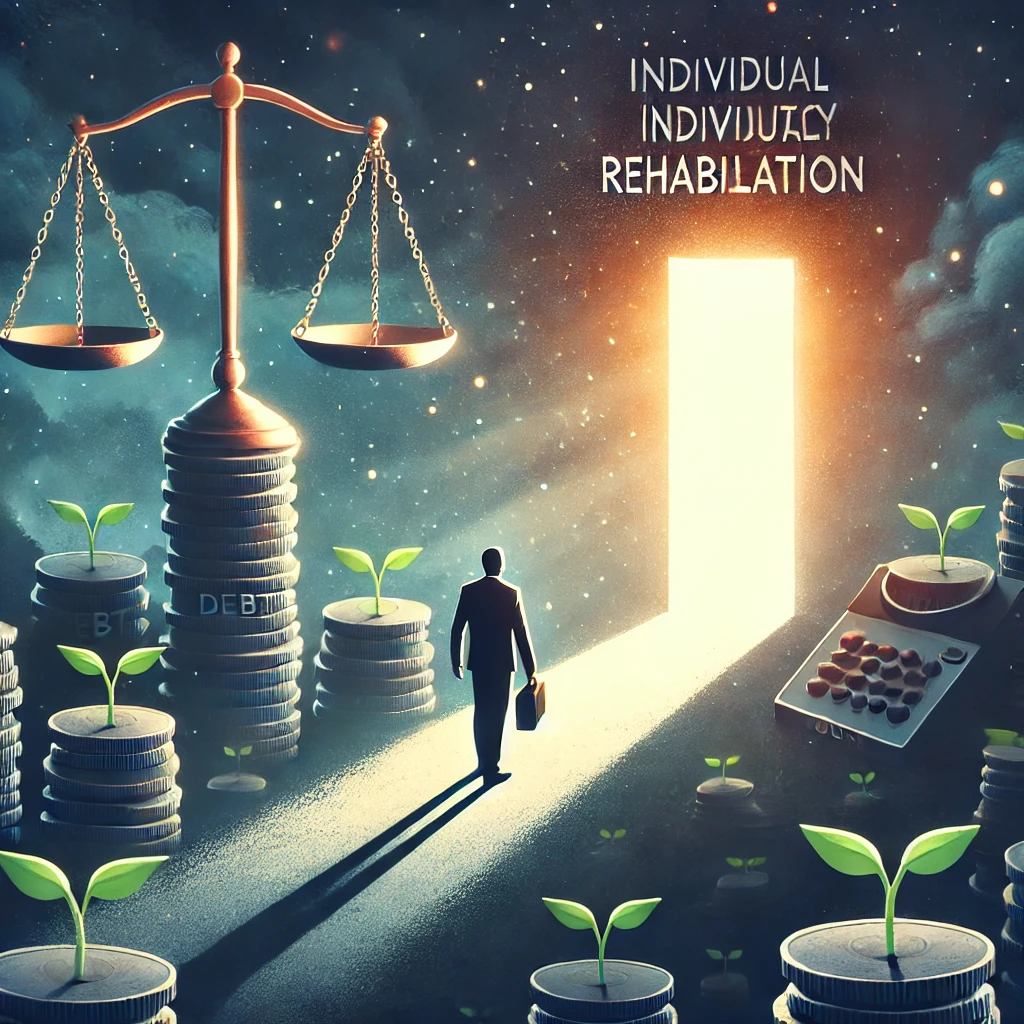 빚더미에서 벗어나 희망의 문으로 향하는 사람, 법의 상징, 그리고 새롭게 피어나는 새싹이 함께 어우러진 사진