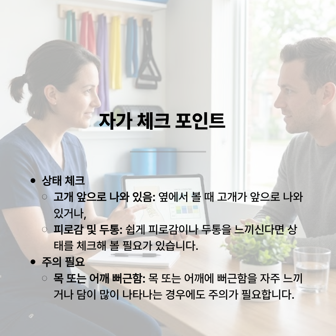 태블릿을 들고 환자와 마주 앉아 상담 중인 의료진의 모습. '자가 체크 포인트'라는 제목으로 옆에서 볼 때 고개가 앞으로 나와 있거나, 쉽게 피로감 및 두통을 느끼는 경우, 목과 어깨에 뻐근함이나 담이 많이 나타나는 경우 주의가 필요하다는 자가 진단 항목이 정리되어 있습니다.