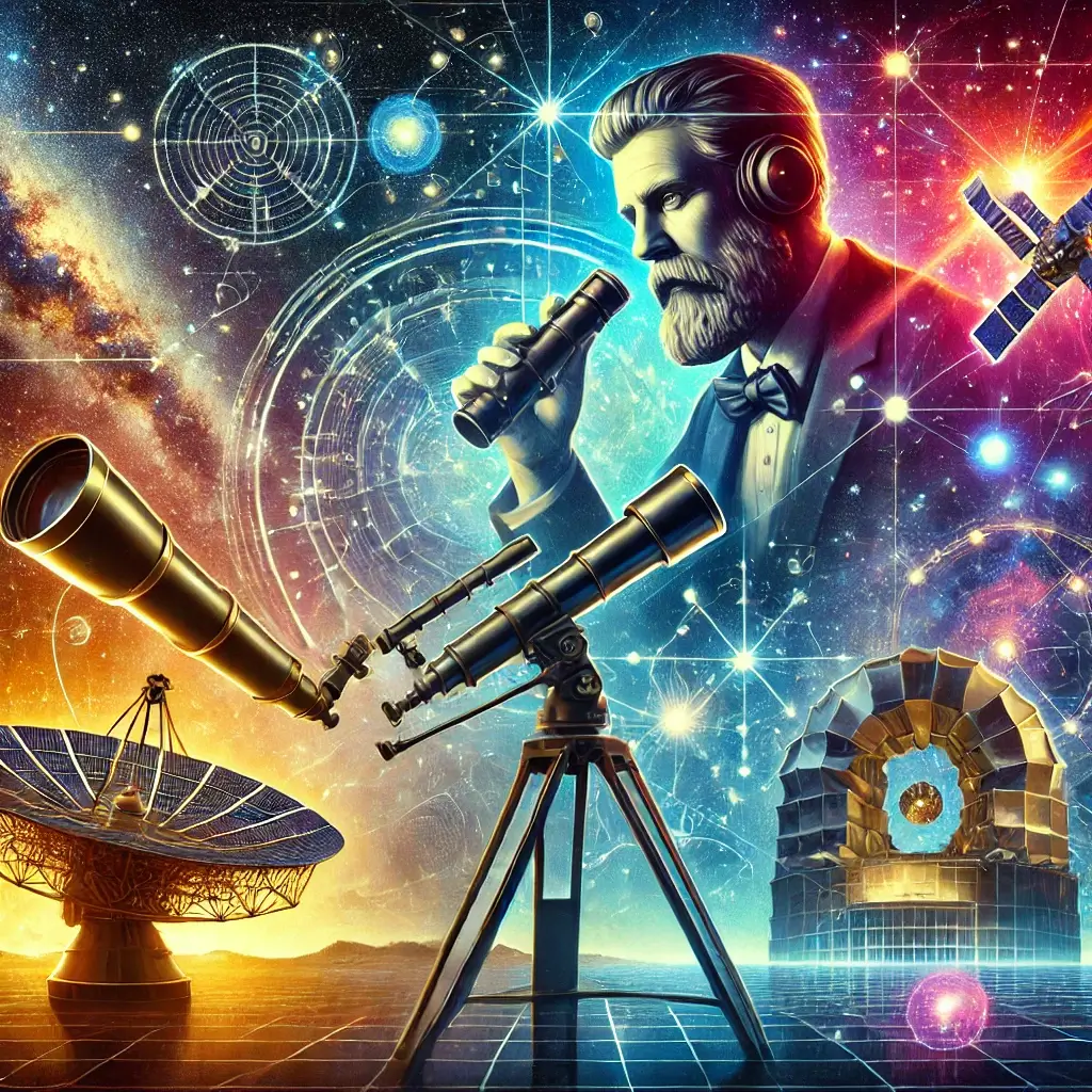 별은 어떻게 관측할까와 관련된 이미지 과거의 학자부터 시작해서 여러가지 망원경들 그리고 우주의 기하학적 요소들이 그려져 있다.