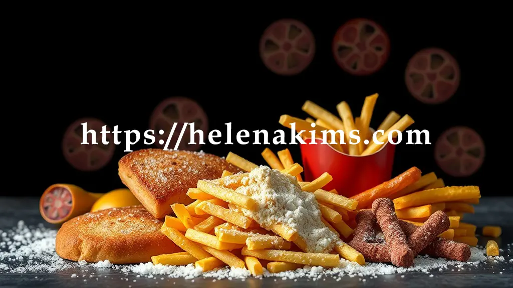 윤기 없이 기름진 빵, 감자튀김, 과자와 수북이 쌓인 하얀 설탕, 굵은 소금 알갱이가 놓여 있다.