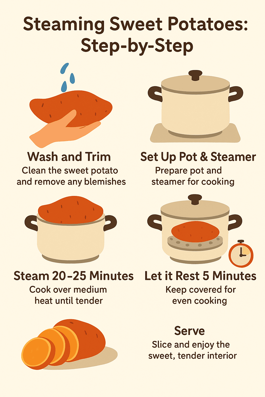 고구마 찌기 단계별 인포그래픽. 1) 세척 및 흠집 제거, 2) 냄비와 찜기 세팅, 3) 중약불에서 20~25분 찜, 4) 뜸 들이기 5분, 5) 완성 후 단면 확인