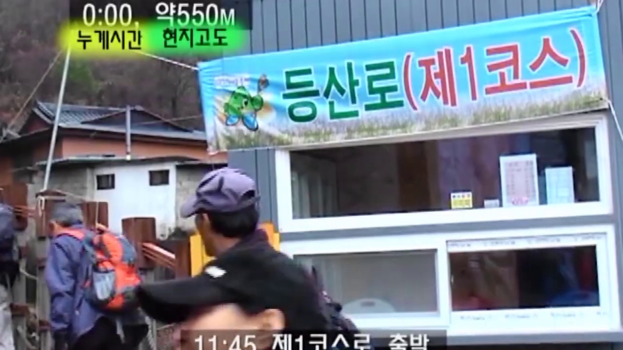 제1코스 등산로 표지 앞에서 출발하는 일행