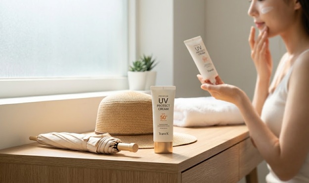 기미 방지하기 위해 자외선 차단제를 꼼꼼하게 바르는 여성 이미지