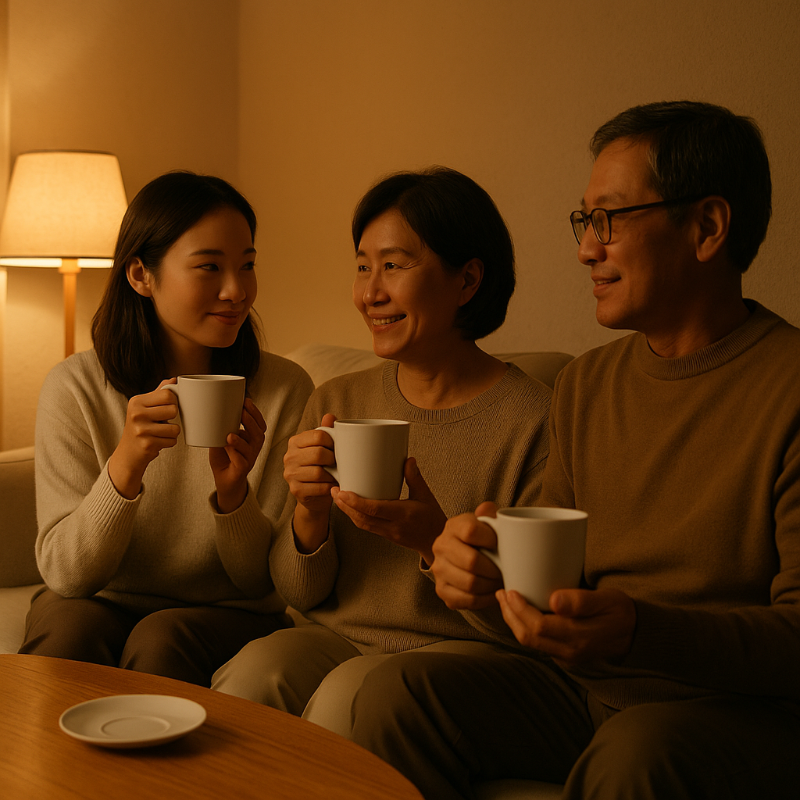 명절 음식 준비 중 스트레칭하는 여성, 평온한 거실 분위기