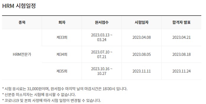 HRM 자격증 시험 일정