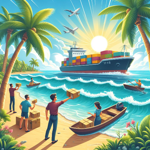 택배를 반기는 섬 지역 사람 그림