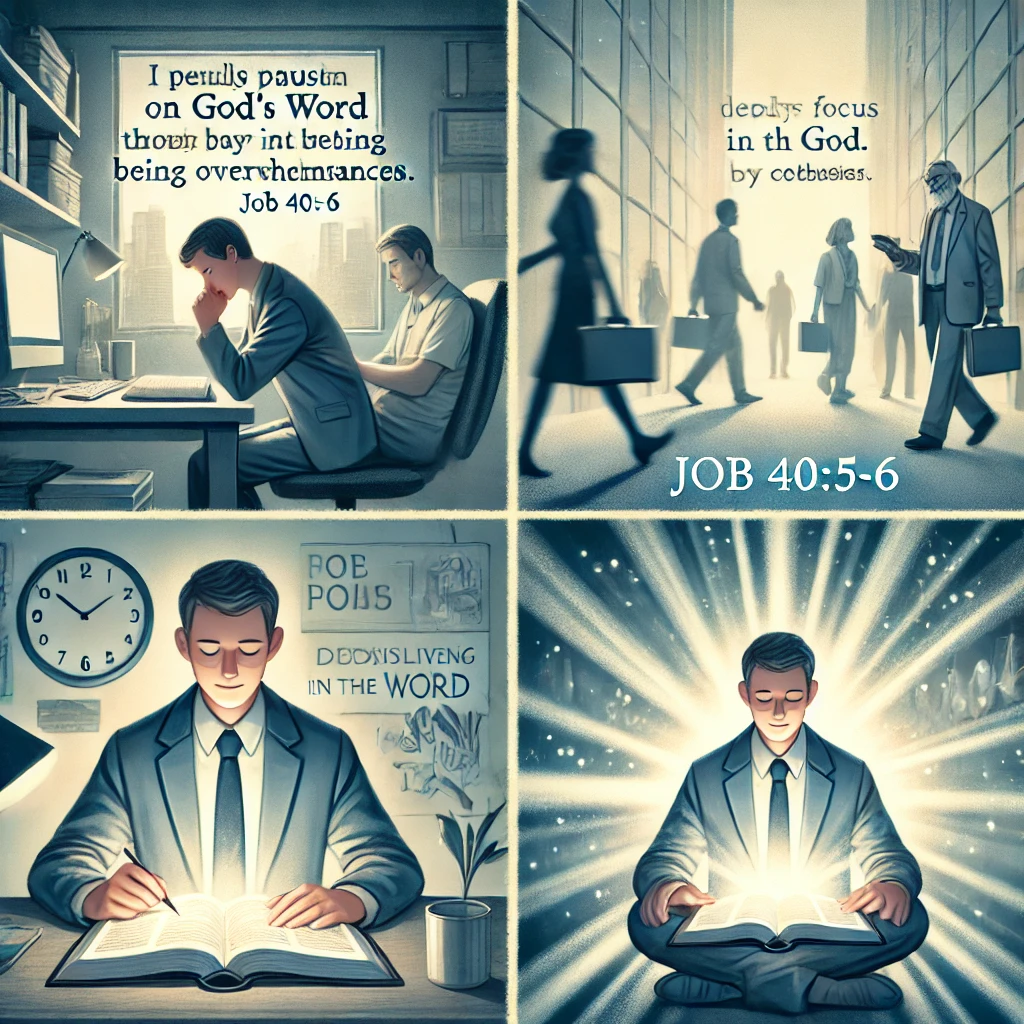 욥기 40:5-6 말씀을 따라, 환경과 상황에 휘둘리지 않고 하나님을 묵상하며 말씀 안에서 살아가는 모습이 담긴 이미지가 있습니다. 이 장면은 세상의 상황에 매몰되지 않고, 순간순간 하나님을 묵상하며 살아가는 것이 참된 믿음의 삶임을 보여줍니다. 🙏✨📖