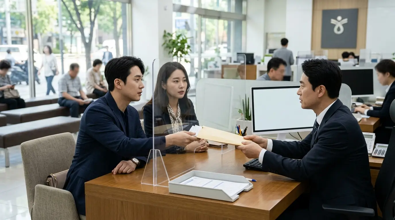 한국의 시중 은행 대출 창구에서 30대 부부가 진지한 표정으로 은행원에게 갭투자 주택담보대출 심사 서류를 제출하는 모습