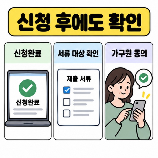 신청완료 화면, 제출 서류 대상 확인, 가구원의 휴대폰 동의 확인을 함께 보여주는 신청 후 점검 안내