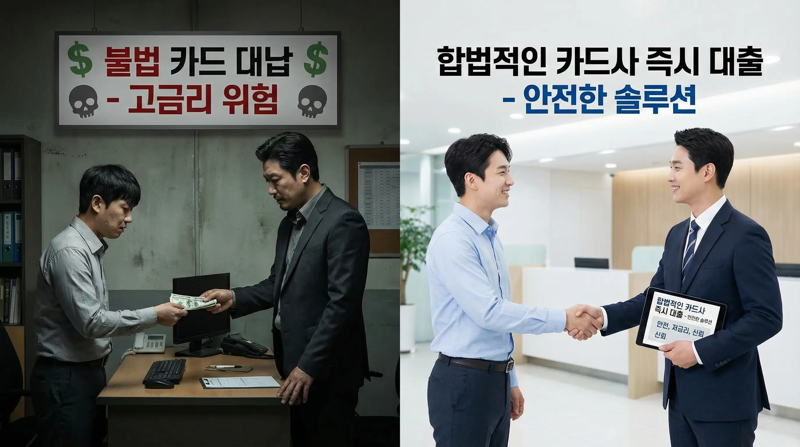불법 카드 대납의 높은 수수료 위험성과 합법적인 카드사 즉시 대출의 안전함을 비교하는 모습