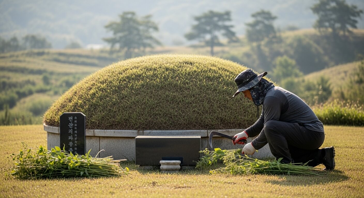 낫으로 봉분 앞 풀을 자르고 모으는 남성