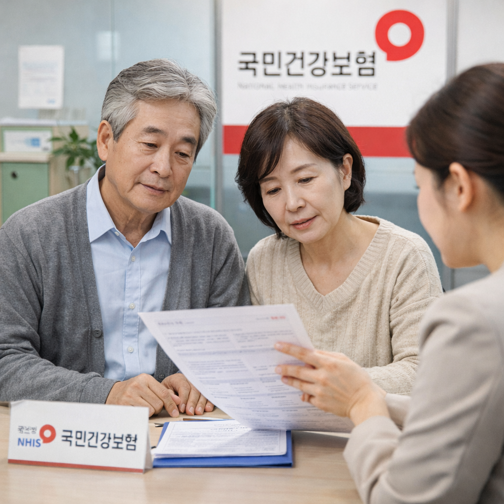 건강보험 지원제도에 설명듣고 있는 부부의 모습