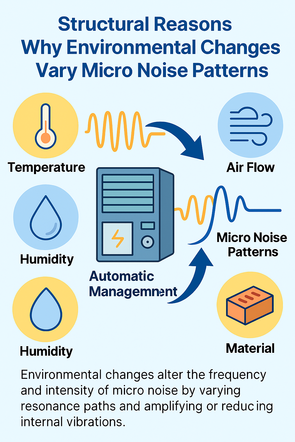 환경 요인이 미시소음의 주파수 구조와 진동 강도에 어떤 영향을 미치는지를 설명하는 이미지