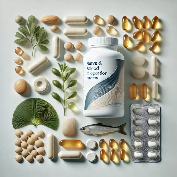말초신경과 혈액순환 보조 영양제가 정갈하게 배열된 스튜디오 이미지