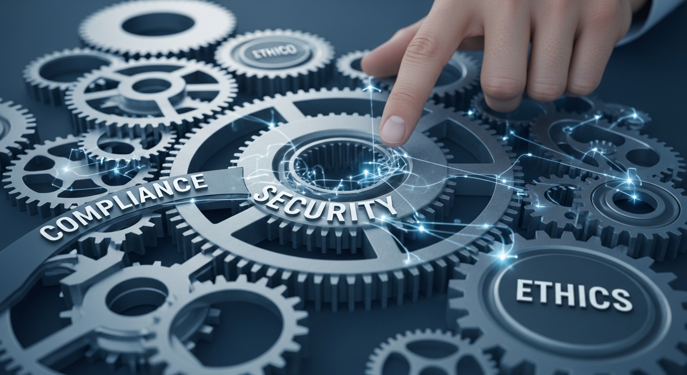 데이터 처리의 책임성과 투명성을 상징하는 톱니바퀴와 이를 관리하는 손. 보안, 준수 , 신뢰 등의 개념이 어우러져 있습니다.