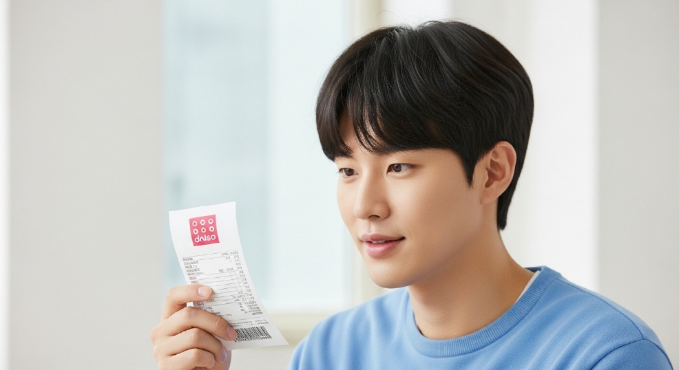 다이소 영수증을 들여다보는 20대 남성