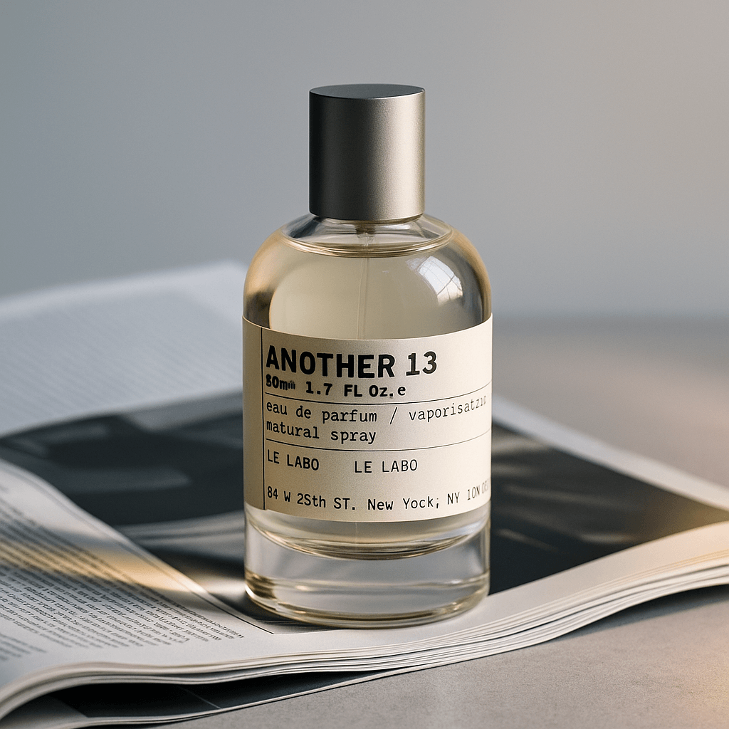 회색·백색 스튜디오 배경 앞, 고광택 잡지 페이지 위에 투명 원통형 ‘Le Labo Another 13’ 향수 병(아이보리 라벨·무광 실버 캡)이 놓여 있고, 강한 스포트라이트가 투명한 액체와 미니멀한 흑색 타이포그래피를 또렷이 비추며 병 뒤편에 희미한 앰버빛 반사가 드리워져 있는 정물 사진