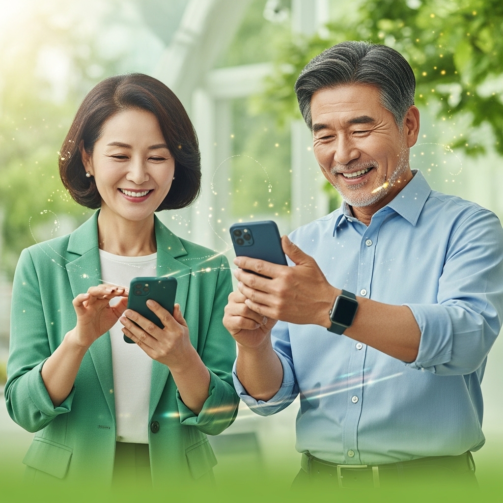 스마트폰으로 간편 결제와 건강 관리를 하며 활기찬 디지털 라이프를 즐기는 중년 남녀.