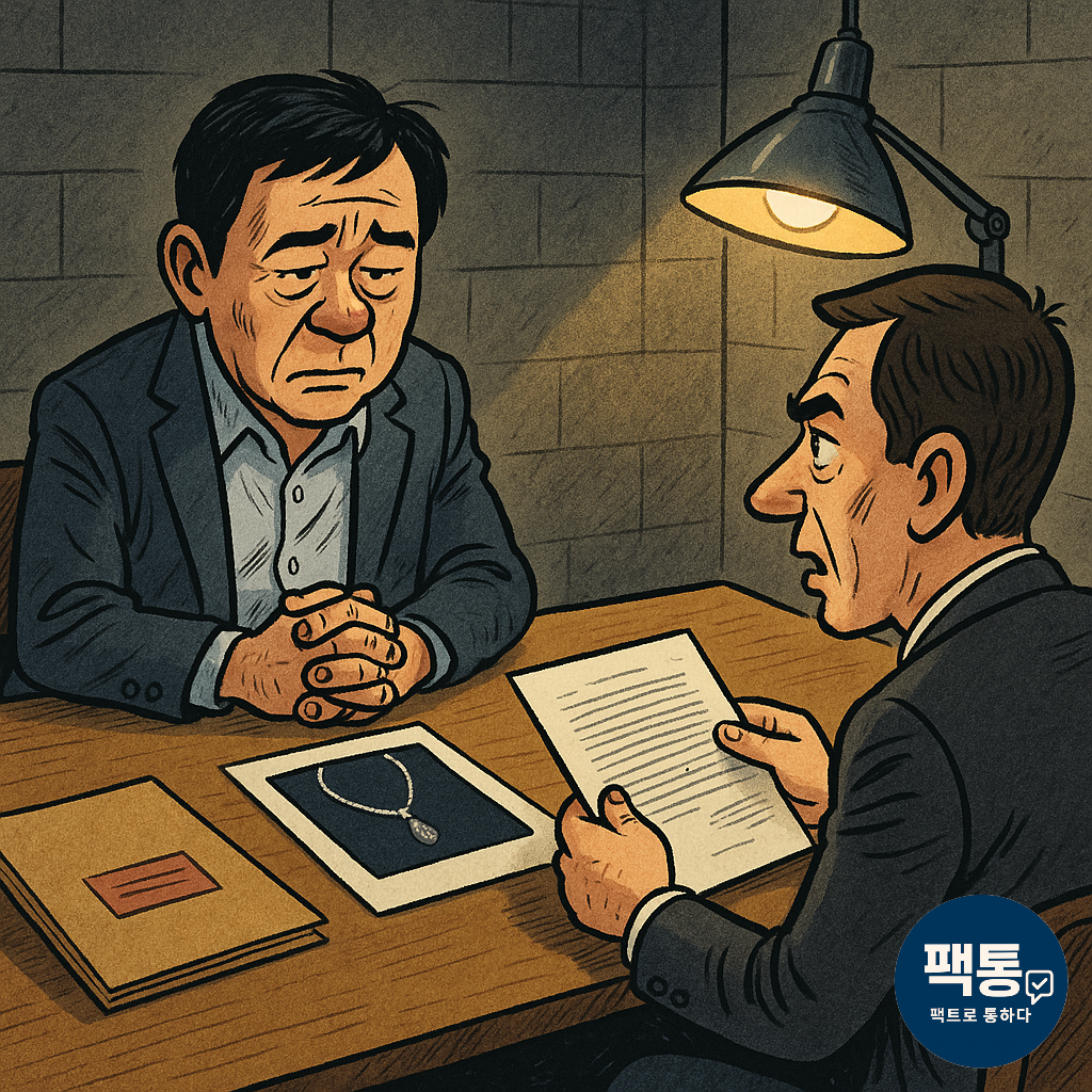 &ldquo;조명 아래 심문실 분위기에서 수사관이 서류를 들고 질문하는 가운데, 맞은편 중년 남성이 손을 모으고 침통한 표정으로 앉아 있음. 책상 위에는 고급 목걸이 사진과 조사 서류가 놓여 있으며, 오른쪽 하단에는 &lsquo;팩통 &ndash; 팩트로 통하다&rsquo; 로고가 삽입된 일러스트. 정치&middot;비리&middot;재산 관련 수사 상황을 풍자적으로 묘사한 장면&rdquo;